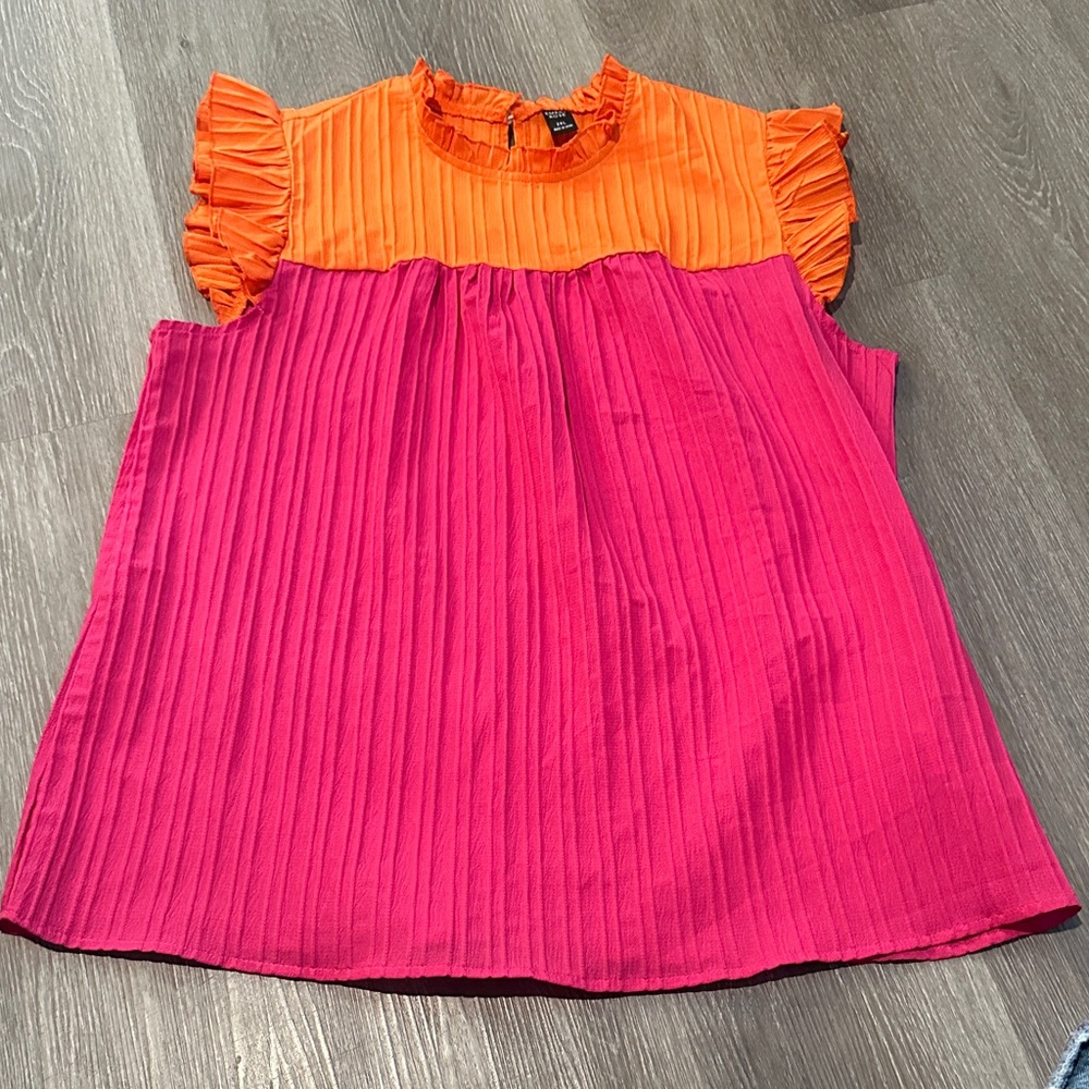 2XL Vibrant Orange and Pink Ruffle Sleeve Blouse